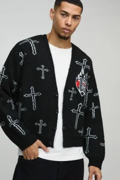 Sale boohooMAN Oversized Boxy Cross Graphic Brushed Knitted Cardigan black