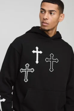 Outlet boohooMAN Oversized Boxy Cross Print Hooded Tracksuit black