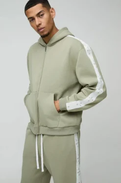 Outlet boohooMAN Oversized Boxy Cross Side Tape Zip Through Hooded Tracksuit khaki