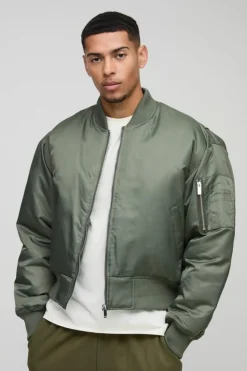 Online boohooMAN Oversized Boxy Curved Hem Nylon Bomber Jacket olive