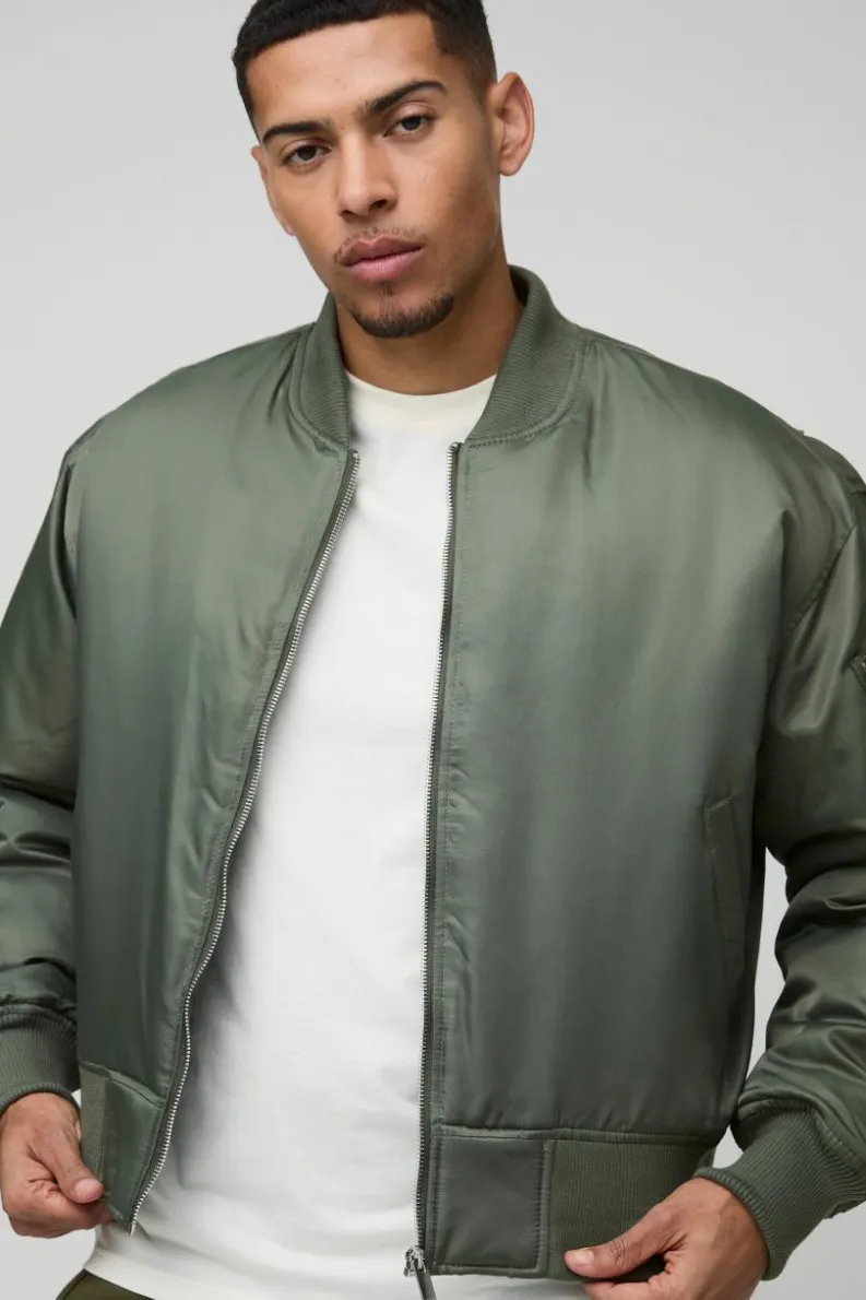 Online boohooMAN Oversized Boxy Curved Hem Nylon Bomber Jacket olive