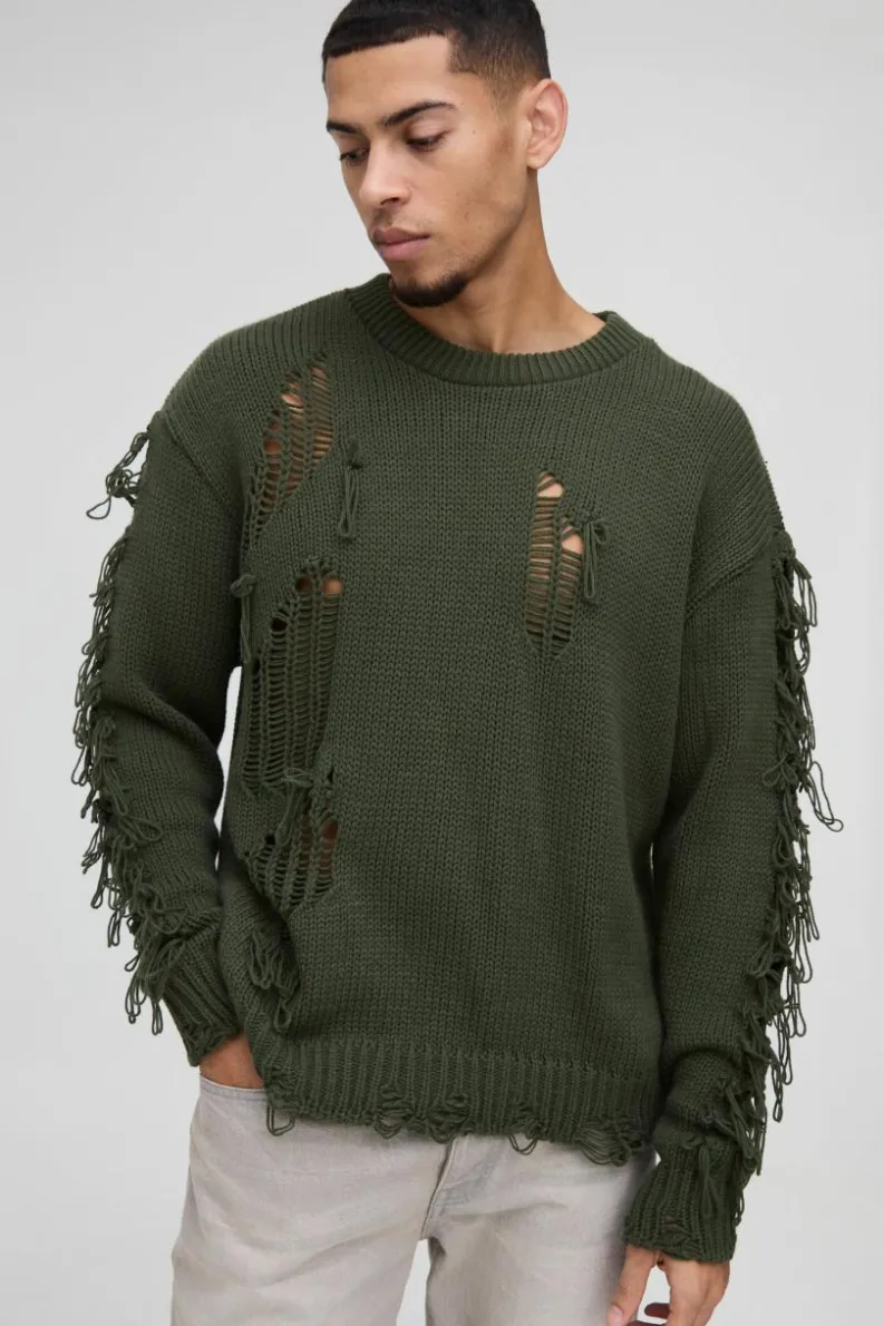 New boohooMAN Oversized Boxy Distressed Textured Knitted Jumper khaki