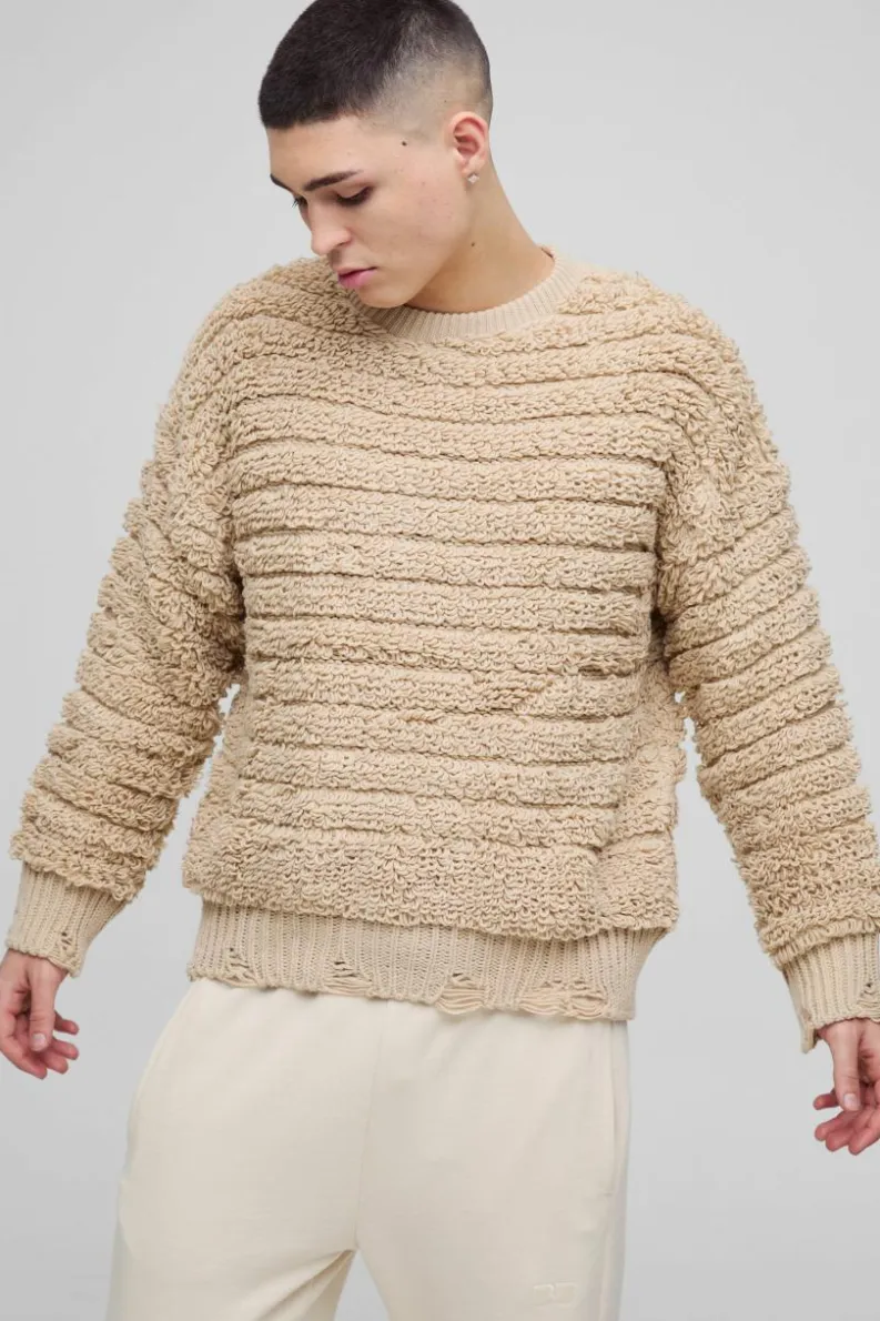 Flash Sale boohooMAN Oversized Boxy Distressed Textured Knitted Jumper stone