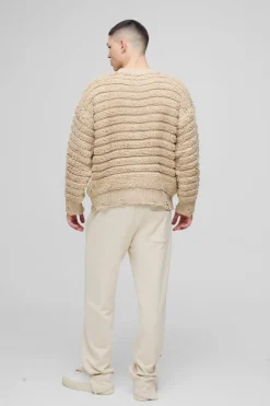 Flash Sale boohooMAN Oversized Boxy Distressed Textured Knitted Jumper stone
