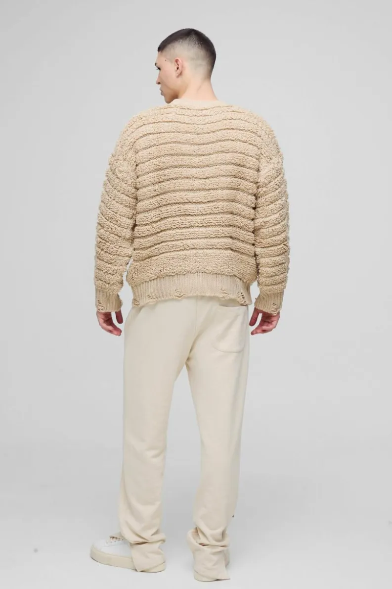 Flash Sale boohooMAN Oversized Boxy Distressed Textured Knitted Jumper stone