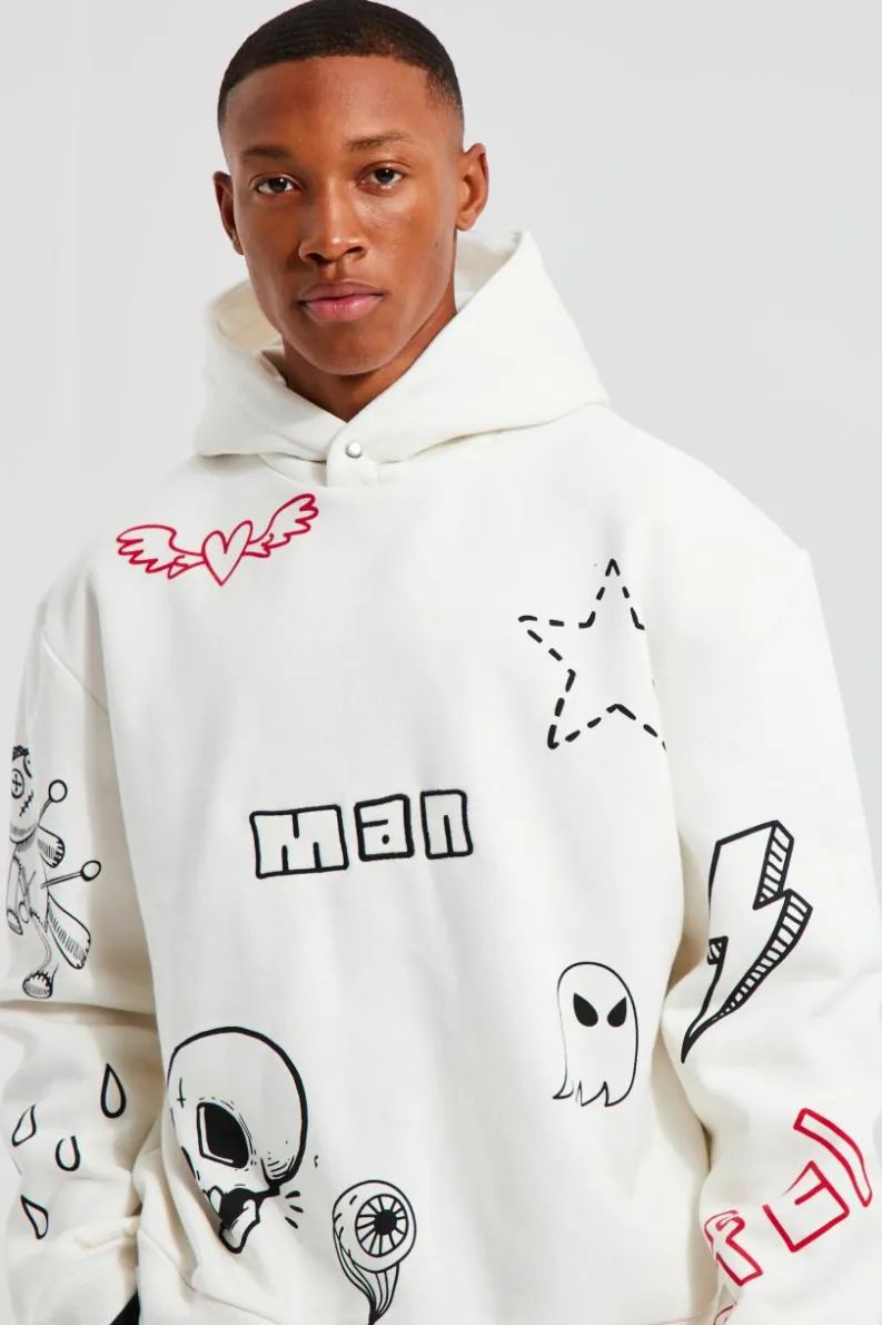 Best boohooMAN Oversized Boxy Doodle Graphic Hoodie ecru