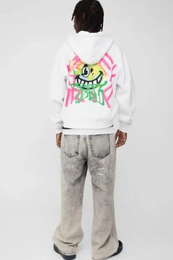 Cheap boohooMAN Oversized Boxy Doodle Zip Through Graphic Puff Print Hoodie white