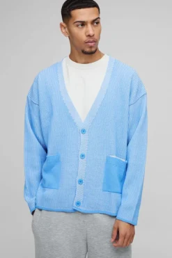 Clearance boohooMAN Oversized Boxy Dropped Shoulder Plated Ribbed Knitted Cardigan light blue
