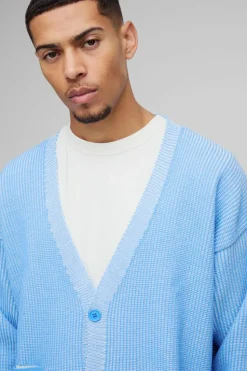 Clearance boohooMAN Oversized Boxy Dropped Shoulder Plated Ribbed Knitted Cardigan light blue