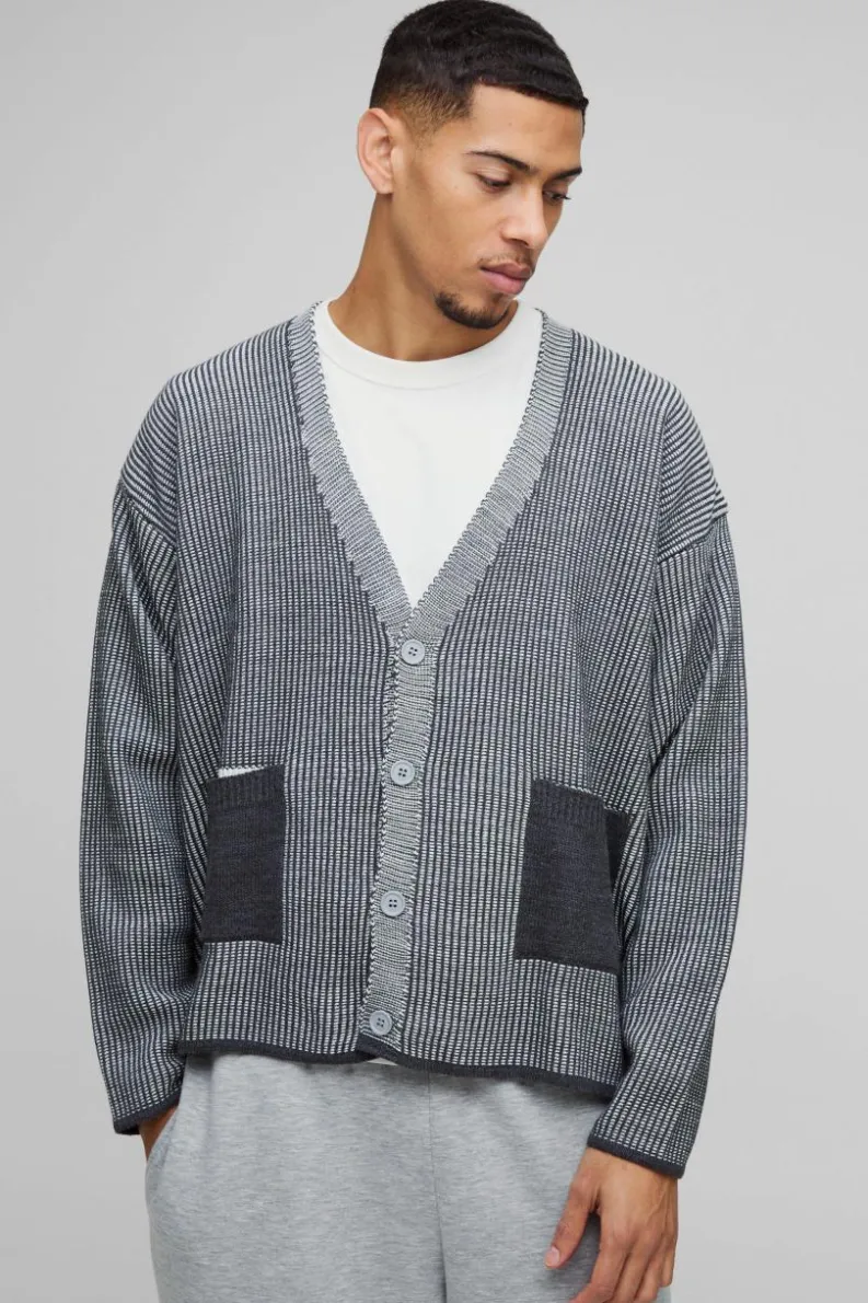 Cheap boohooMAN Oversized Boxy Dropped Shoulder Plated Ribbed Knitted Cardigan charcoal