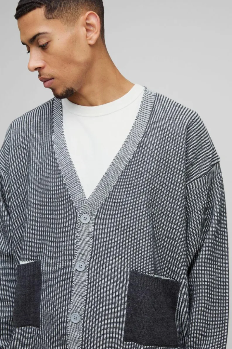 Cheap boohooMAN Oversized Boxy Dropped Shoulder Plated Ribbed Knitted Cardigan charcoal