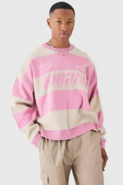 Fashion boohooMAN Oversized Boxy Drop Shoulder Moto Knit Jumper dusty pink