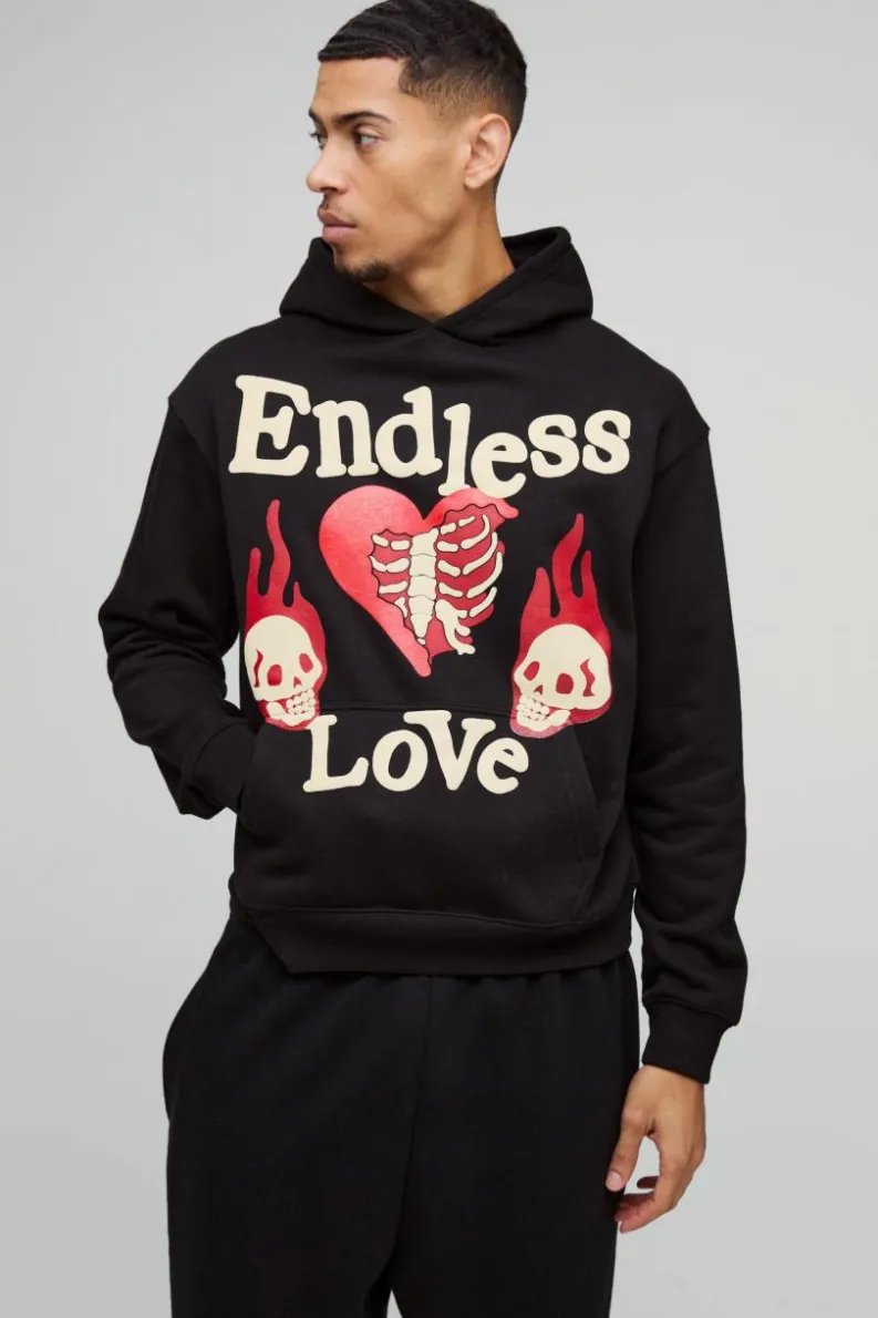 Store boohooMAN Oversized Boxy Endless Love Puff Print Graphic Hoodie black