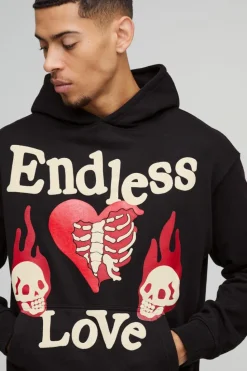 Store boohooMAN Oversized Boxy Endless Love Puff Print Graphic Hoodie black