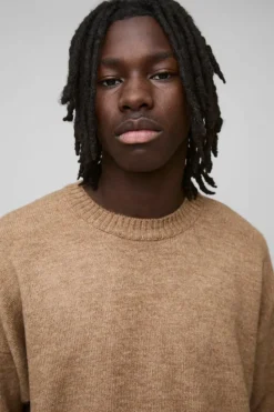 Flash Sale boohooMAN Oversized Boxy Extended Neck Brushed Knit Jumper brown