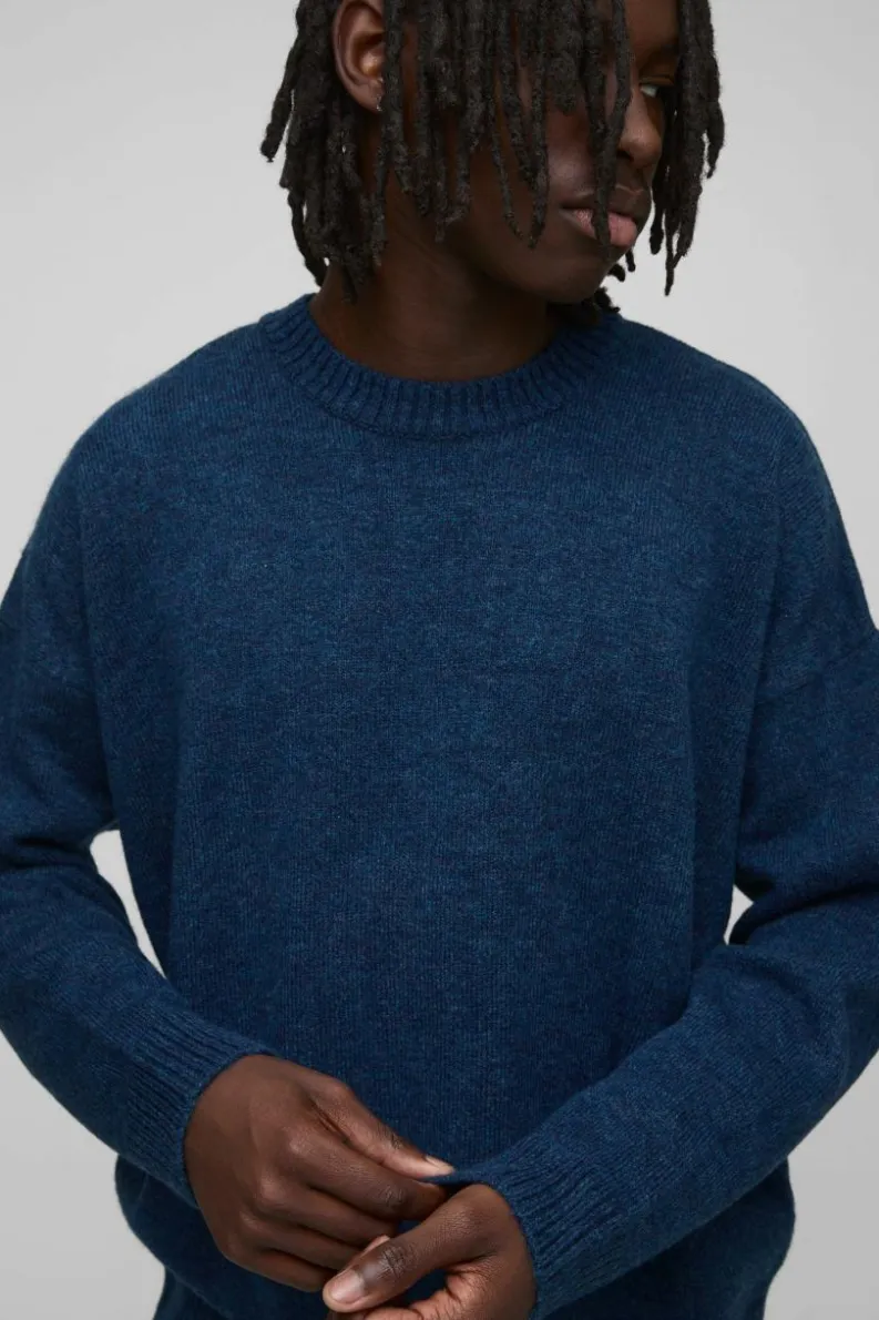 Store boohooMAN Oversized Boxy Extended Neck Brushed Knit Jumper navy