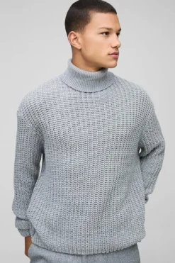 Store boohooMAN Oversized Boxy Fishman Ribbed Roll Neck Knitted Jumper grey