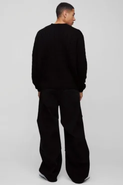 Flash Sale boohooMAN Oversized Boxy Fit Cable Knit Jumper black