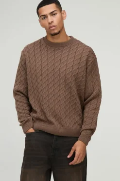 Shop boohooMAN Oversized Boxy Fit Cable Knit Jumper taupe