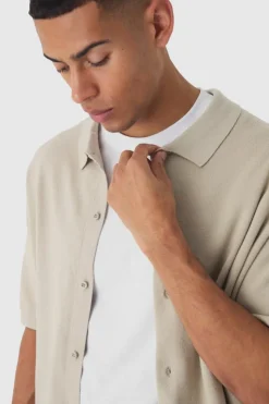 Fashion boohooMAN Oversized Boxy Fit Short Sleeve Knitted Shirt stone