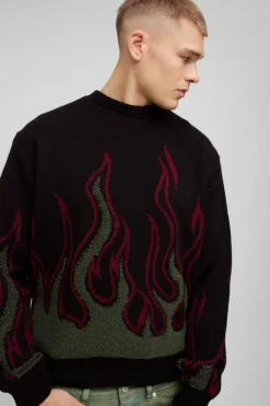 Store boohooMAN Oversized Boxy Flame Textured Knitted Jumper black