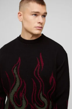 Store boohooMAN Oversized Boxy Flame Textured Knitted Jumper black