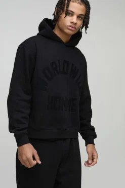 Outlet boohooMAN Oversized Boxy Flock Print Wide Leg Tie Cuff Tracksuit black