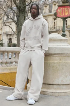 Sale boohooMAN Oversized Boxy Flock Print Wide Leg Tie Cuff Tracksuit stone