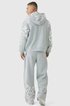 Best Sale boohooMAN Oversized Boxy Floral Puff Print Zip Through Tracksuit grey marl