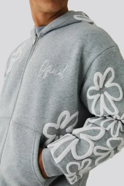 Best Sale boohooMAN Oversized Boxy Floral Puff Print Zip Through Tracksuit grey marl