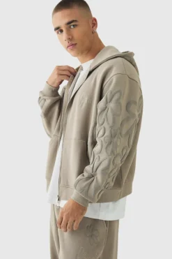 Sale boohooMAN Oversized Boxy Floral Puff Print Zip Through Hoodie taupe