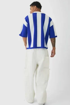 Store boohooMAN Oversized Boxy Football Knitted Polo cobalt
