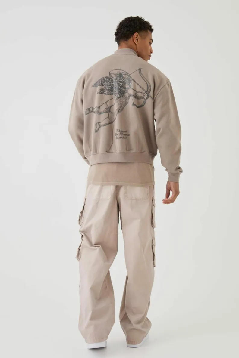 Outlet boohooMAN Oversized Boxy Gloss Print Renaissance Bomber Jacket taupe