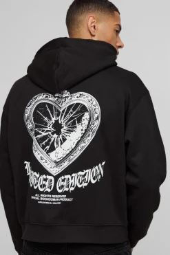 Store boohooMAN Oversized Boxy Gothic Heart Locket Graphic Hoodie black