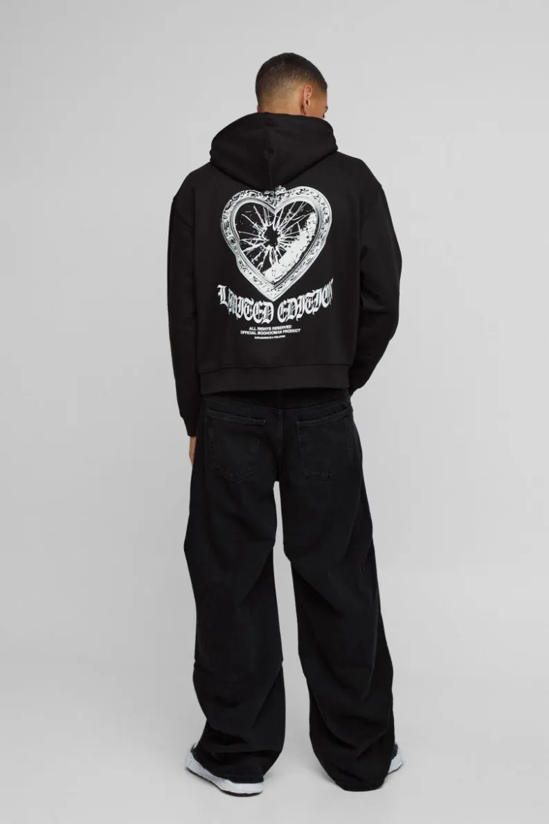 Store boohooMAN Oversized Boxy Gothic Heart Locket Graphic Hoodie black