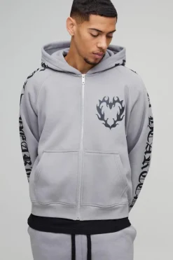 Online boohooMAN Oversized Boxy Gothic Heart Print Zip Through Gusset Hooded Tracksuit grey