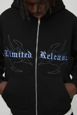 Online boohooMAN Oversized Boxy Gothic Print Curve Seam Zip Through Hoodie black