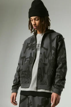 Clearance boohooMAN Oversized Boxy Graffiti Print Zip Through Loopback Hoodie charcoal