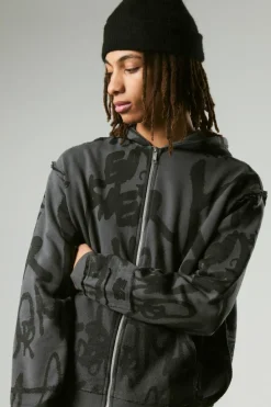 Clearance boohooMAN Oversized Boxy Graffiti Print Zip Through Loopback Hoodie charcoal