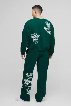 Discount boohooMAN Oversized Boxy Graffiti Slogan Sweatshirt Tracksuit forest
