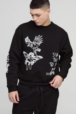 Fashion boohooMAN Oversized Boxy Graffiti Slogan Sweatshirt Tracksuit black