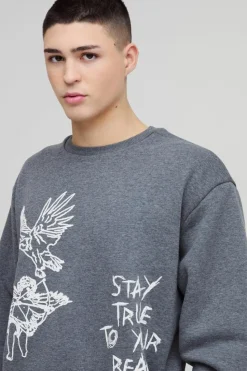Cheap boohooMAN Oversized Boxy Graffiti Slogan Hoodie charcoal