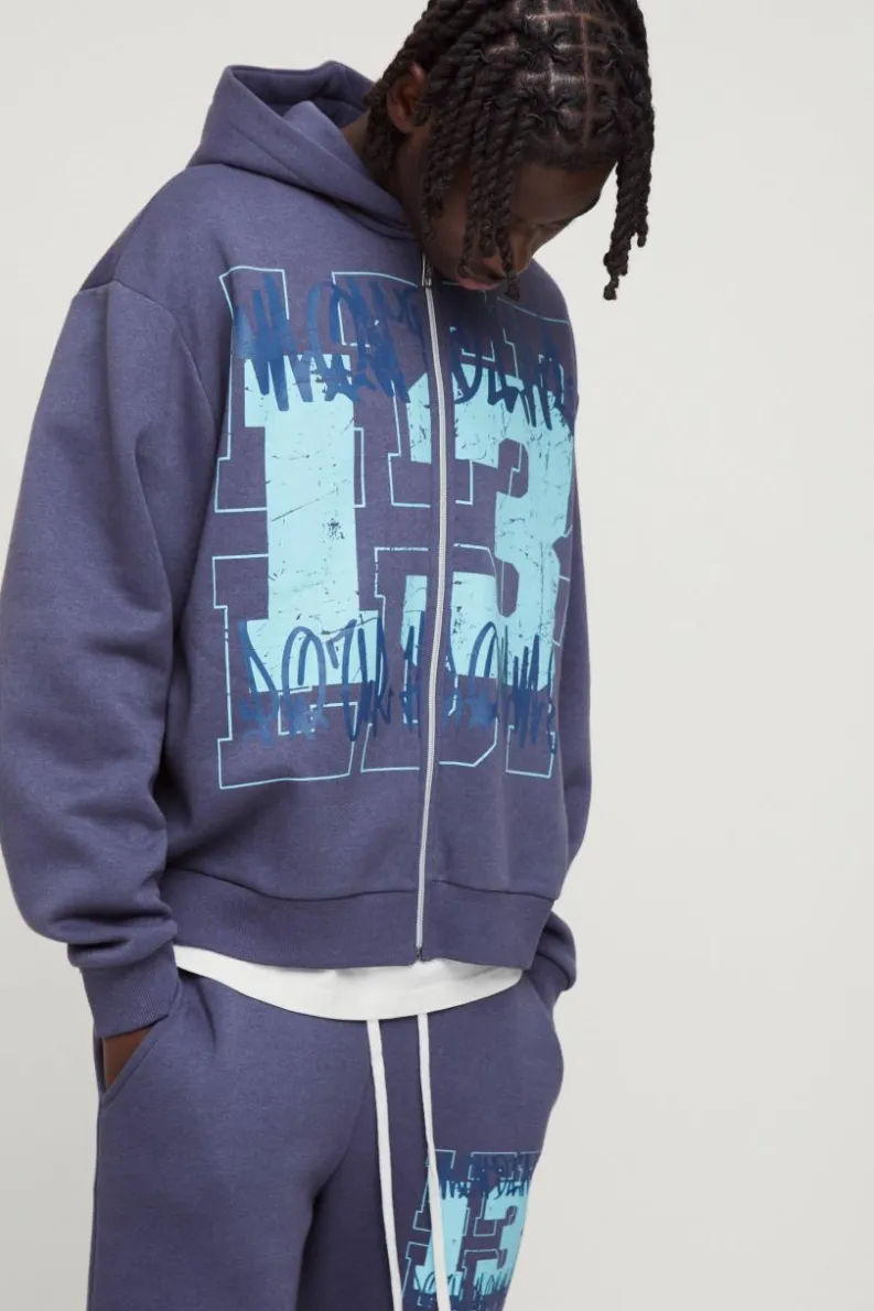 Cheap boohooMAN Oversized Boxy Graffiti 13 Varsity Zip Through Hoodie purple