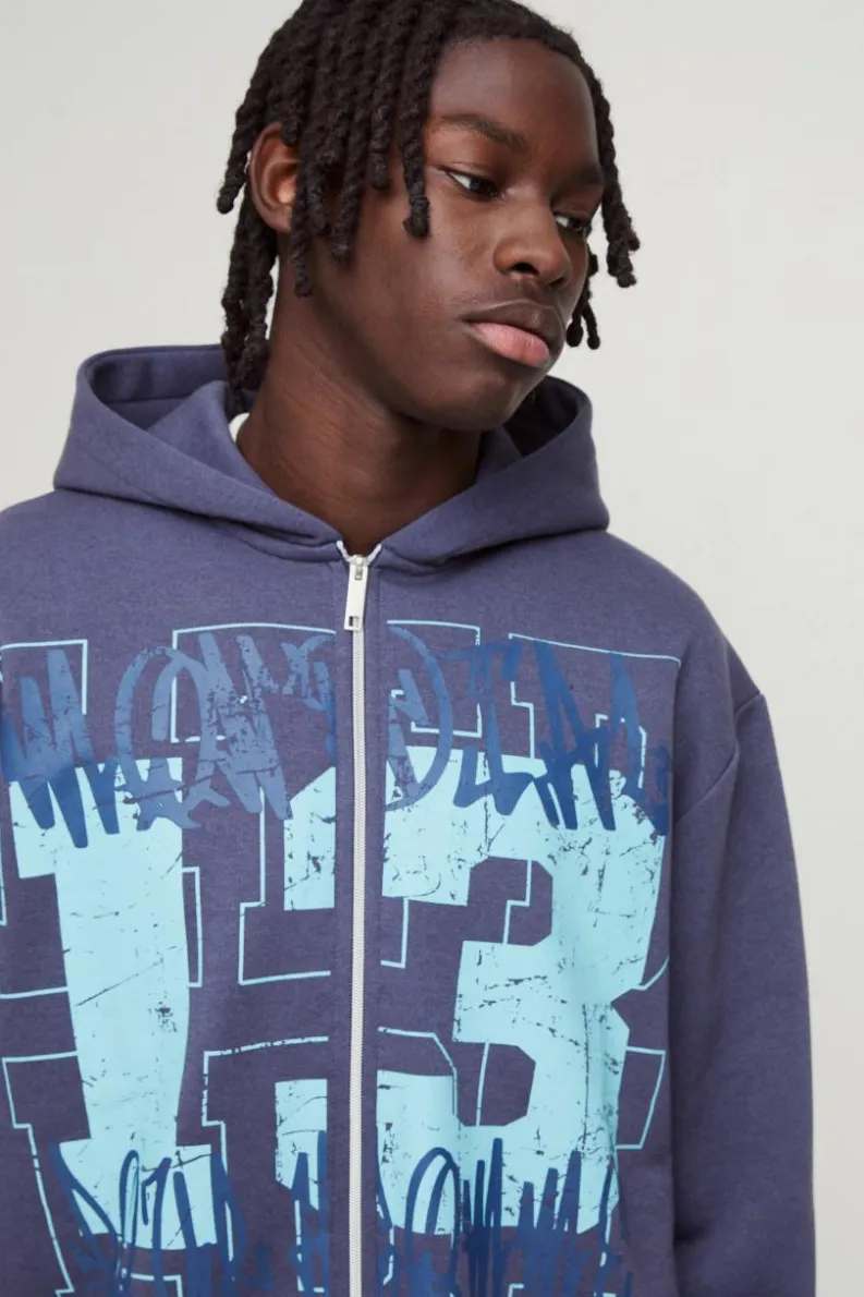 Cheap boohooMAN Oversized Boxy Graffiti 13 Varsity Zip Through Hoodie purple