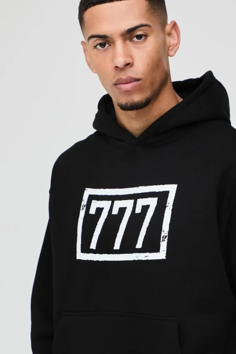 Flash Sale boohooMAN Oversized Boxy 777 Graphic Hoodie black