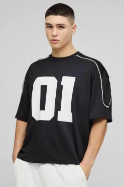 Best boohooMAN Oversized Boxy Half Sleeve Varsity T-Shirt black