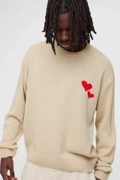 Flash Sale boohooMAN Oversized Boxy Heart Embroidered Knitted Jumper stone