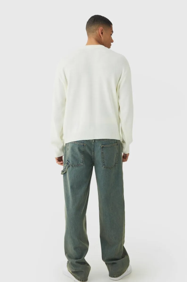 Sale boohooMAN Oversized Boxy Heart Jumper ecru