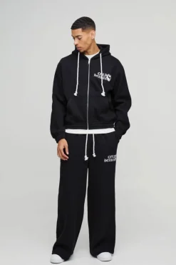 Hot boohooMAN Oversized Boxy Heart Printed Double Waistband Zip Through Hooded Tracksuit black