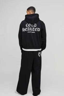 Hot boohooMAN Oversized Boxy Heart Printed Double Waistband Zip Through Hooded Tracksuit black